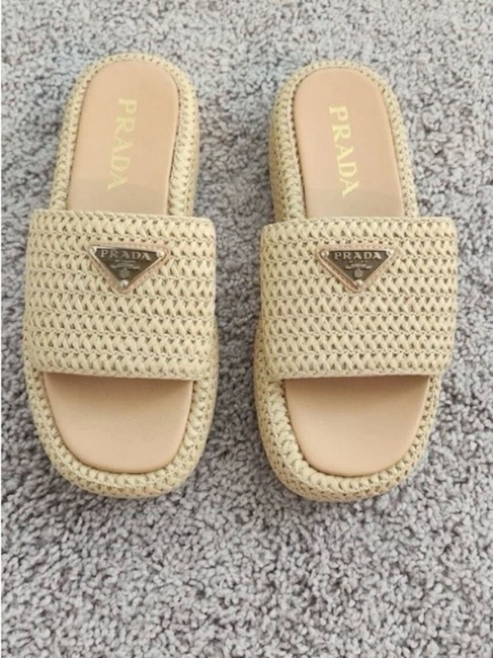 Prada Beige Woven Raffia Slide Mules with Metal Logo - Picture 3 of 4